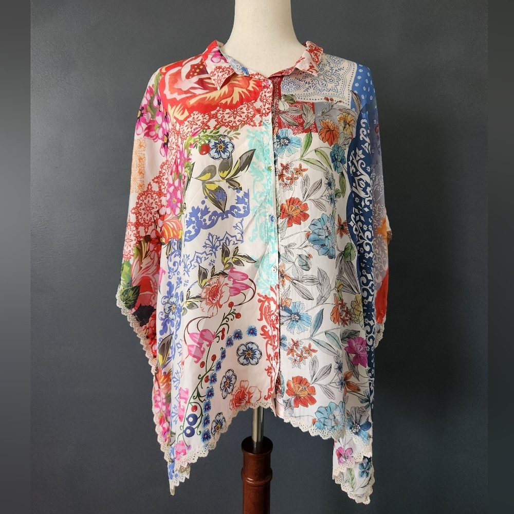 Johnny Was Tango Calliope Button Up XL Silk Top Scallop Embroidery EUC Msrp $270